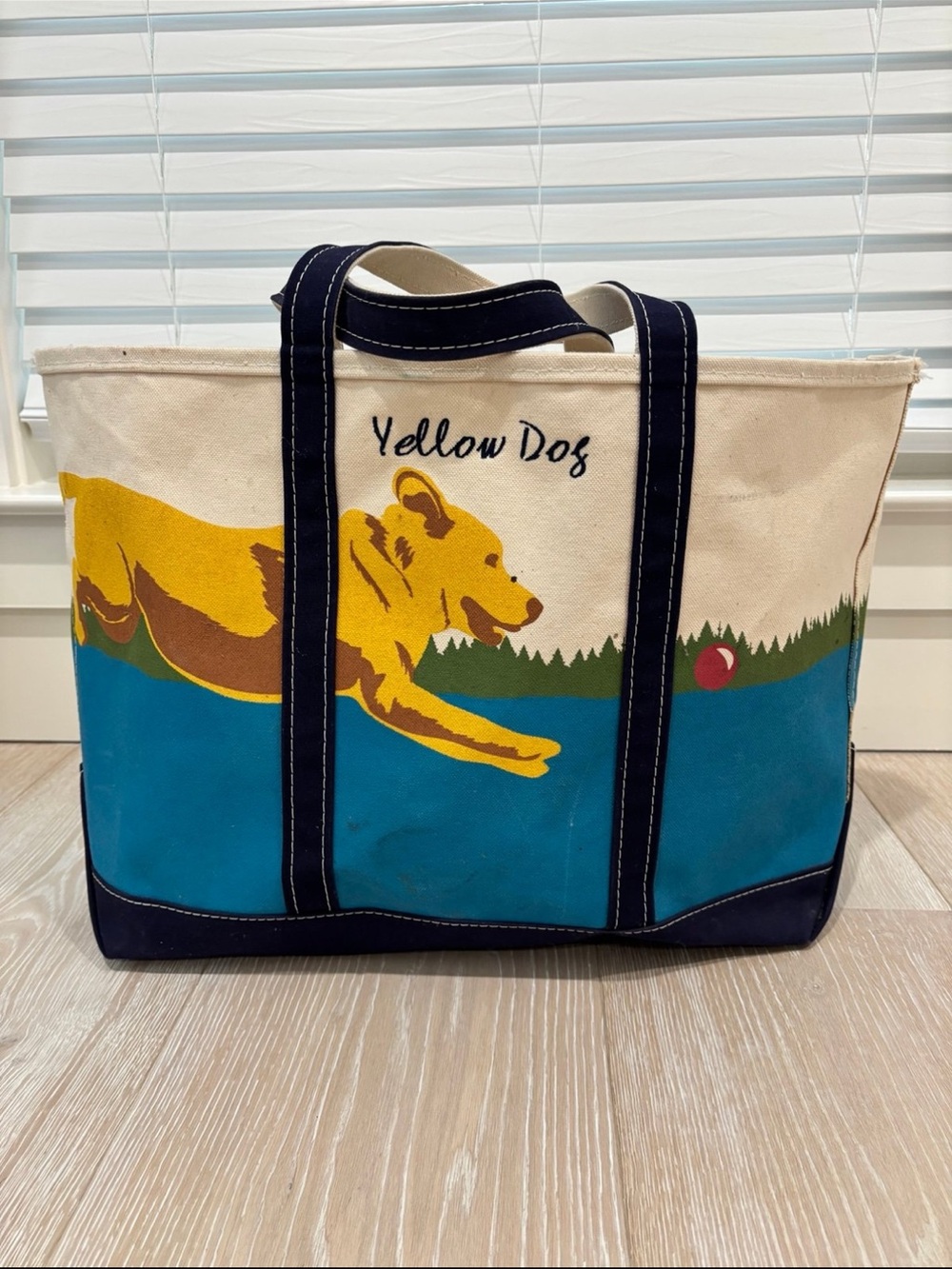 Vintage LL Bean Yellow Dog Canvas Tote Bag with Playful Dog Graphic